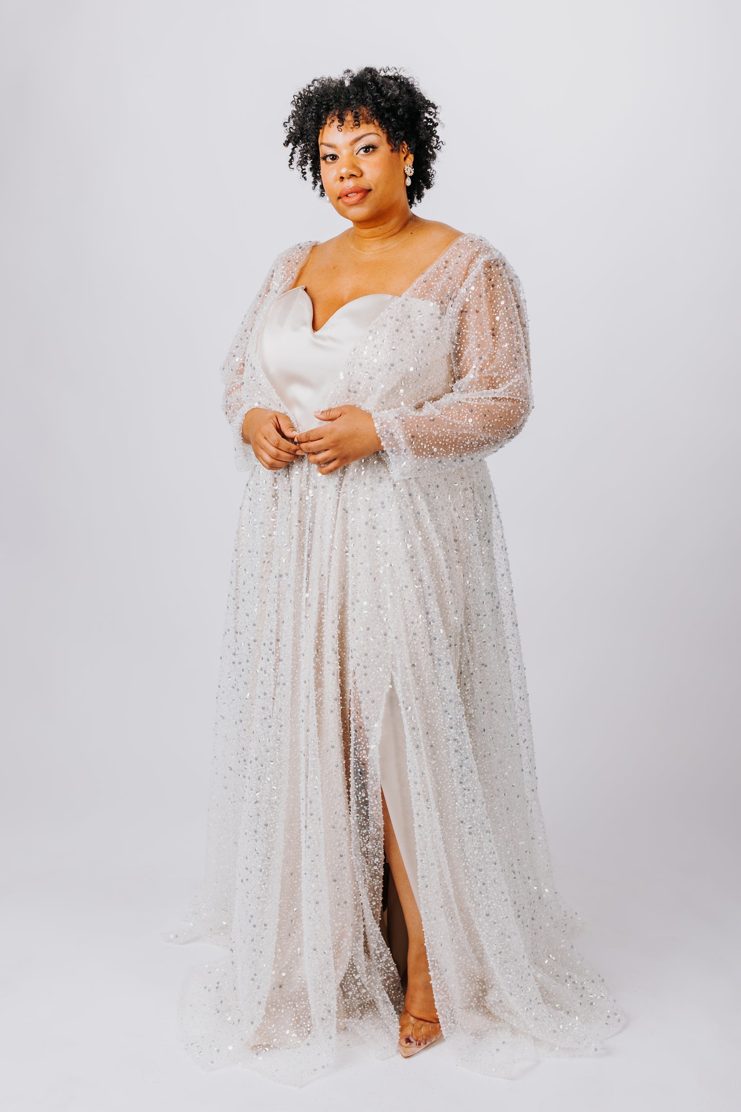 beaded overlay wedding dress Ladivine CD0203W Long OFF the Shoulder Sequin wedding Gown with Slit OFF White / XS