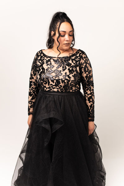 Noir Gown with Cascading Glitter Tulle Skirt